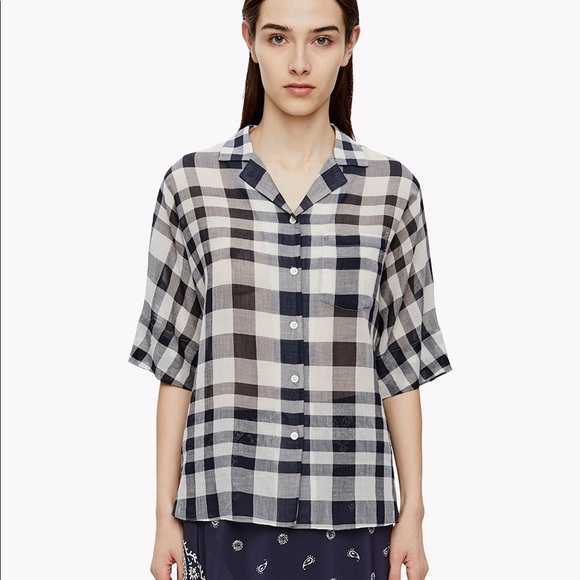 NWOT Theory cotton plaid camp shirt, navy plaid size L - Picture 3 of 8
